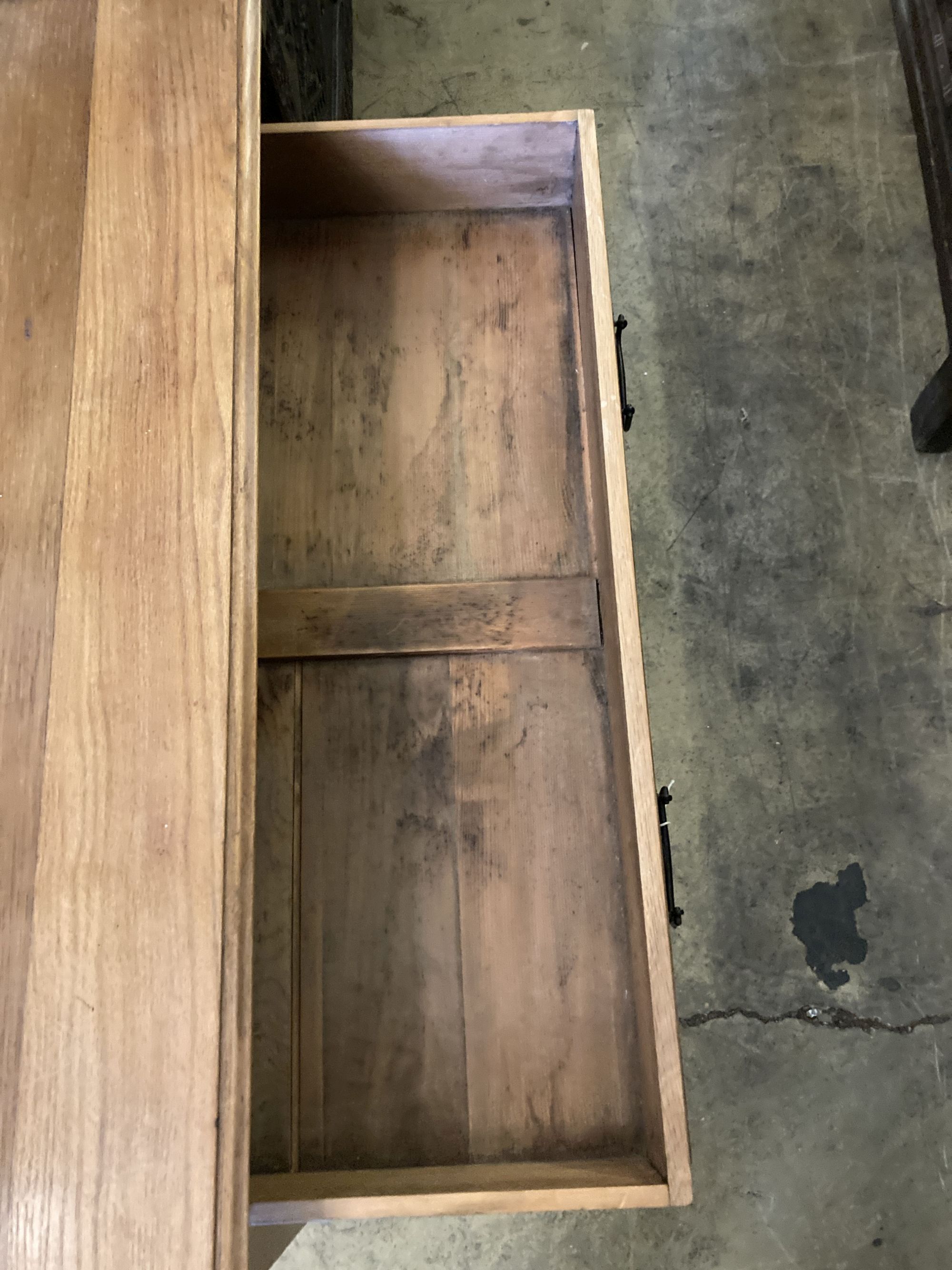 A late Victorian oak chest of three drawers, width 106cm, depth 55cm, height 81cm